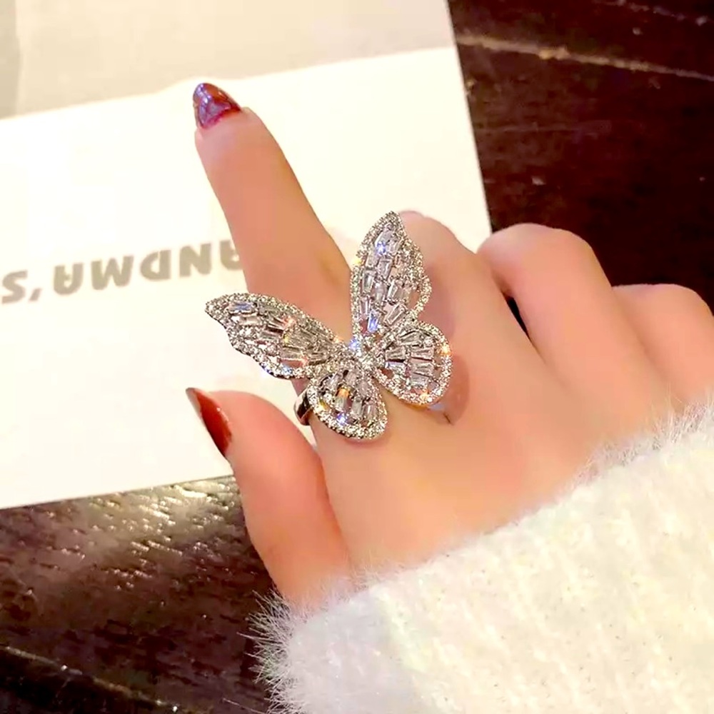 Crystal silver butterfly ring